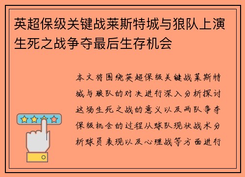 英超保级关键战莱斯特城与狼队上演生死之战争夺最后生存机会